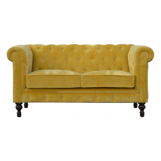 Solid Wood Mustard Yellow Velvet 2 Seater Chesterfield Sofa