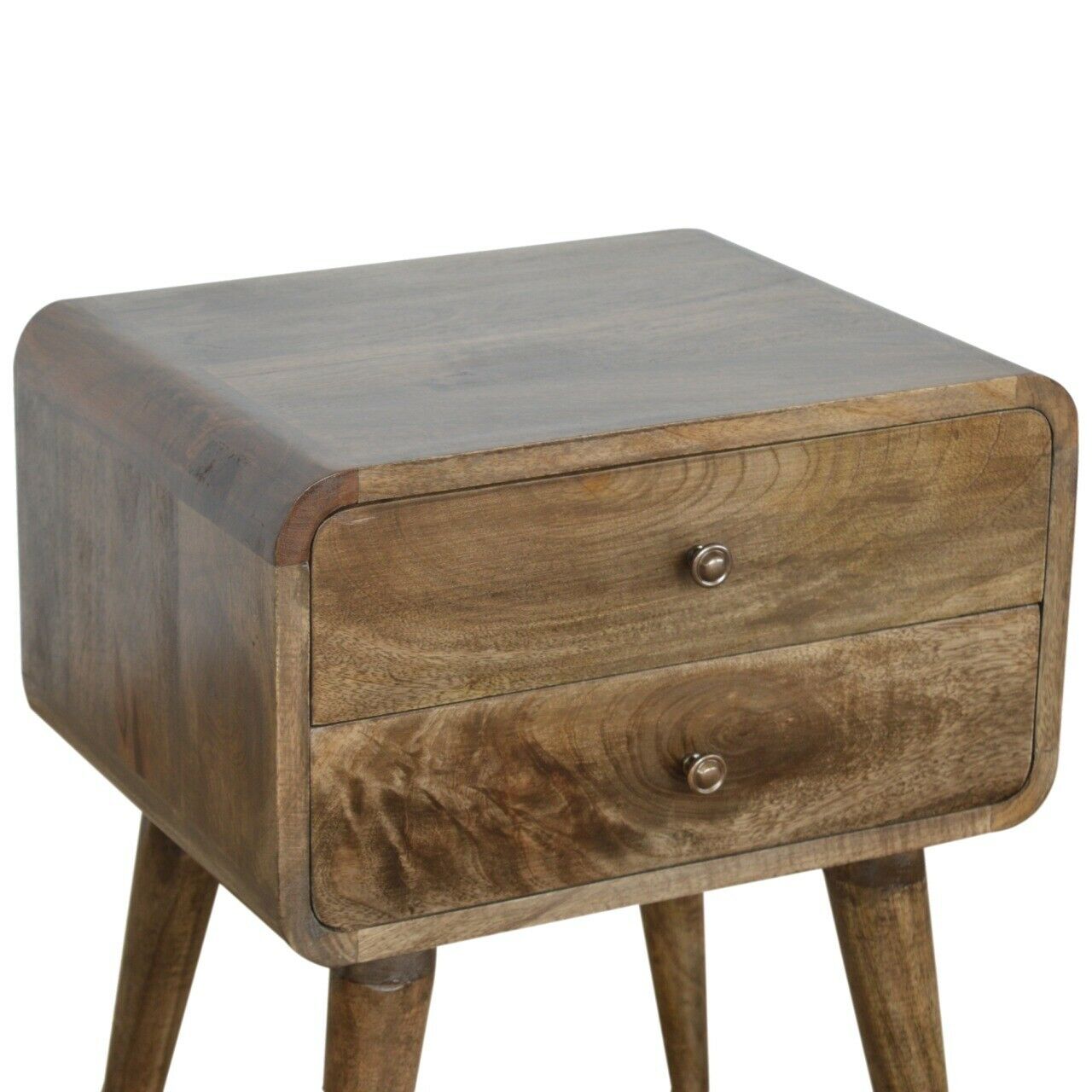 Solid Wood Curved Grey Wash Bedside with 2 Drawers