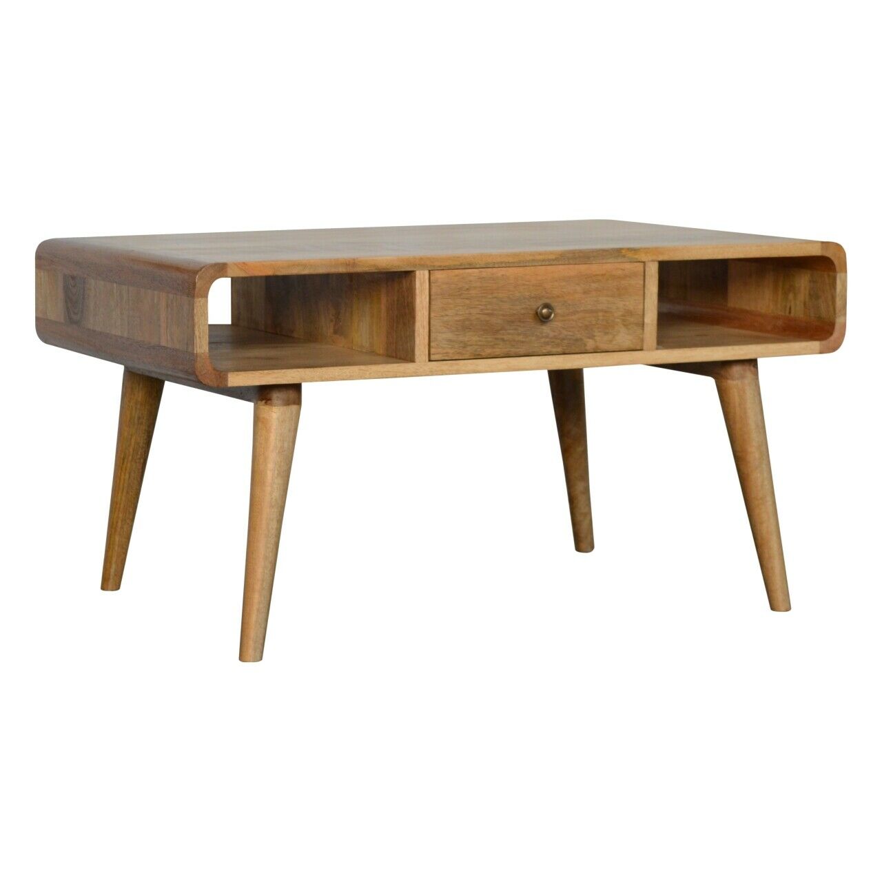 Solid Wood Curved Coffee Table / TV Stand with Drawer and Shelves