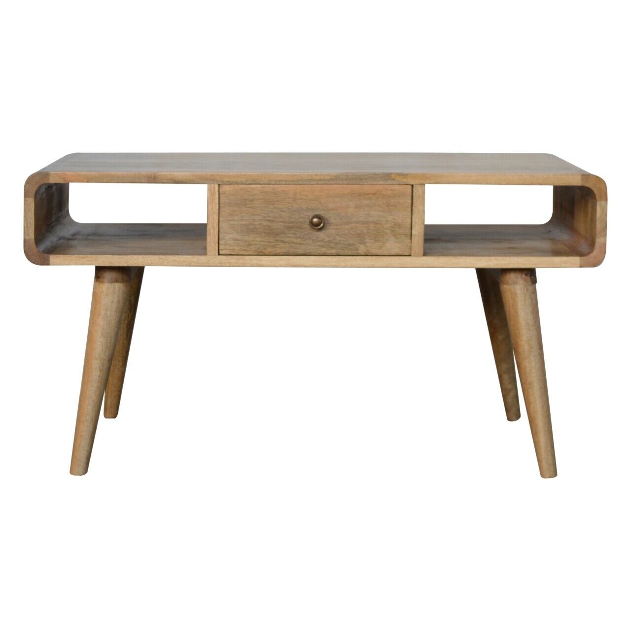 Solid Wood Curved Coffee Table / TV Stand with Drawer and Shelves