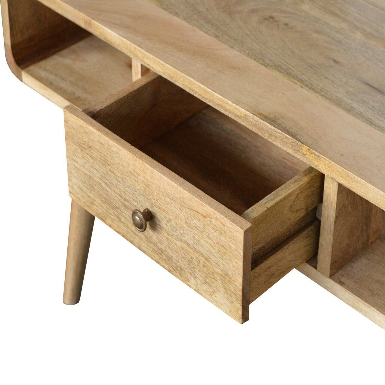 Solid Wood Curved Coffee Table / TV Stand with Drawer and Shelves